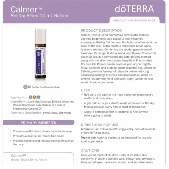 Calmer Restful Blend Essential Oil Roll-On Bottle, doTERRA, 10ml - Picture 13 of 14